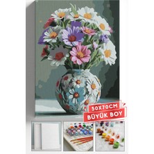 Corvo Sayılarla Boyama Seti Numaralı Tuval Fırça Boya Askı Aparatı Dahil Set 50X70 cm - Papatya Desenli Vazo