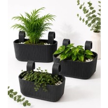 Ayrex Modern Balkon ve Küpeşte Saksısı 3,2 Litre Siyah Plastik Askılı Dikdörtgen 3'lü Set