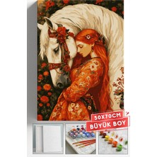 Corvo Sayılarla Boyama Seti Numaralı Tuval Fırça Boya Askı Aparatı Dahil Set 50X70 cm - Turuncu At ve Kadın