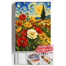 Corvo Sayılarla Boyama Seti Numaralı Tuval Fırça Boya Askı Aparatı Dahil Set 50X70 cm - Yıldızlı Gece Çiçekler
