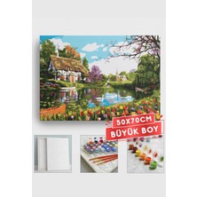 Corvo Sayılarla Boyama Seti Numaralı Tuval Fırça Boya Askı Aparatı Dahil Set 50X70 cm - Gölde Laleler