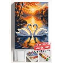 Corvo Sayılarla Boyama Seti Numaralı Tuval Fırça Boya Askı Aparatı Dahil Set 50X70 cm - Kalp Kuğu