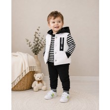 Hippıl Baby Beyaz Yelekli Kapüşonlu Çizgili Sweat Eşofman 3 Lü Takım 2-3-4 Yaş