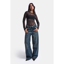 It's Basic Kadın Koyu Kot 2W6-8 Straight Fit Kemer Detaylı Denim Jean