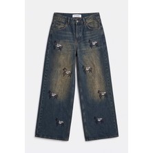 It's Basic Kadın Koyu Kot 2W6-8 Palazzo Fit Özel Nakış Desenli Tasarım Denim Jean