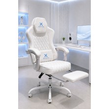 Oxyra Mooncha Oyuncu Koltuğu | Premium Komple Beyaz Terletmez Nefes Alan Deri | Ayak Destekli | Sağlam Yatar Mekanizma