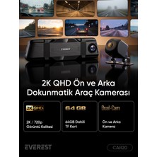 Everest CAR20 10.0 IPS Ekran 2K+720P 130°Geniş Açı Park Izlenebilen G-Sensor Ses Kontrollü Dahılı 64GB TF Kartı Araç Ön Kamerası