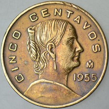 Banknoting Meksika 5 Centavos 1955 Eski Büyük Tip 20,5 Mm.