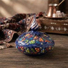 Eski Yeni Antik El Boyama Seramik Kapaklı Şekerlik Lokumluk Dekoratif Sunumluk 14X15 cm