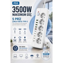 Merwish Akım Korumalı Çoklu Priz 3500W 16A 5 Topraklı Priz 4 Usb-A 5 Type-C Qc 3.0 20W Hızlı Şarj 2 Metre Kablo Ps5