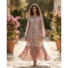 Kadın Etnik Desenli Altın Simli Bohem Dış Giyim - Volanlı Kol Detaylı Şık Kimono