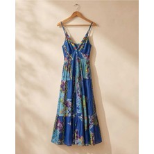 Barok V Yaka Ip Askılı Patchwork Desenli Volanlı Yazlık Elbise Summer Vibe