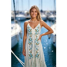 Merci Bohem Etnik Nakışlı Kadın Elbise Otantik Askılı Resort Wear Elbise