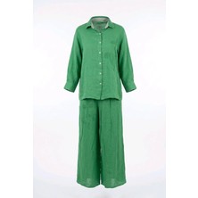 New Collection Kadın Yeşil Düğmeli %100 Keten Tunik ve Pantolon Ikili Takım