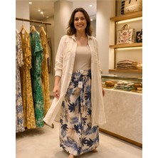 İTHAL Kadın Pembe Tropikal Yaprak Desenli Yırtmaçlı Pantolon Kimono Keten Takım