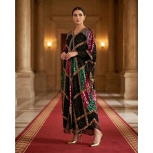 İTHAL Kadın Siyah Çok Renkli Payet Işlemeli Geometrik Desenli Kaftan Elbise