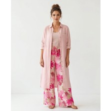 İTHAL Kadın Pembe Tropikal Yaprak Desenli Yırtmaçlı Pantolon Kimono Keten Takım