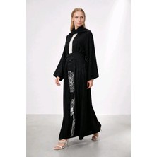 DARKWIN Kadın Siyah Kendinden Jakarlı Kuşaklı Uzun Kimono Elbise Çiçek Baskılı Pantolon Takım