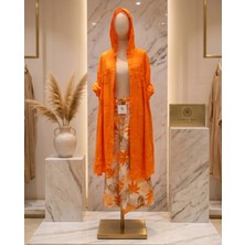 İTHAL Kadın Pembe Tropikal Yaprak Desenli Yırtmaçlı Pantolon Kimono Keten Takım
