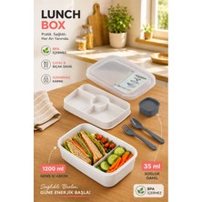 Porsima 3200 1200 ml Beyaz Kendinden Kaşık Çatallı Sosluklu Bölmeli Beslenme Çantası Pratik Tasarım  - Taşınabilir 2 Katlı Lunch Box - Sefer Tası 1200 ml Beyaz
