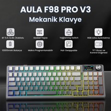 Aula F98 Pro V3 OLED Ekranlı Rgb Mekanik Gaming Kablosuz Oyuncu Klavyesi Crystal Switch Hot Swap Gasket Makrolu Gradyan Gri