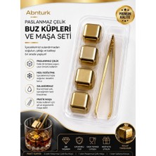 Abnturk Paslanmaz Çelik Gold Buz Maşa Seti-4 Adet Buz Taşı ve Maşa Kutulu Şık Sunum Soğutucu