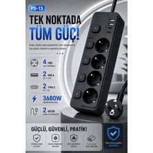 Merwish Akım Korumalı Çoklu Priz 3680W 16A 230V, 4 Topraklamalı Priz, 2 Usb-A, 2 Type-C, Bağımsız Anahtarlı, 2 Metre Kablolu Uzatma Priz