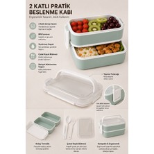 Ovio Ev Yaşam 2 Katlı Plastik Kaşık ve Çatallı Kilitli Lunch Box Yeni Nesil Sefer Tası 7 Parça Sızdırmaz Kapaklı Beslenme Kabı