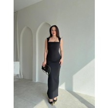 Klex Kare Yaka Drape Detaylı Kalem Elbise 5063 Siyah - M