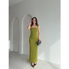 Klex Kare Yaka Drape Detaylı Kalem Elbise 5063 Yağ Yeşili - S