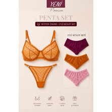 Valunor Penta Set 1 Mesh Hardal Sarı Sütyen Takım ve Brazilian Dantelli Pembe 3’lü Külot Set Fantezi Kadın Iç Çamaşırı Takımı