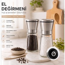 BURADABULDUN Seramik Öğütücülü 5 Kademe Ayarlı Tuz ve Karabiber El Değirmeni - 180 ml Şeffaf Cam Hazne 13 cm 2'li Set