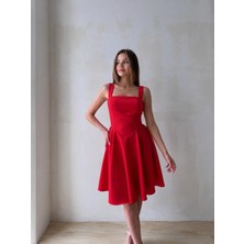 Klex Kare Yaka Belden Oturtmalı Mini Abiye Elbise 5091 Kırmızı - L