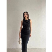 Klex Omuzdan Drapeli Maxi Elbise 5074 Siyah - L