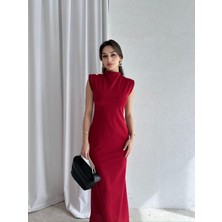 Klex Omuz Detaylı Dik Yaka Uzun Abiye Elbise 5048 Bordo - S