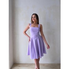 Klex Kare Yaka Belden Oturtmalı Mini Abiye Elbise 5091 Lila - L