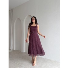 Klex Kare Yaka Kemer Detaylı Puantiyeli Midi Elbise 6120 Bordo - M