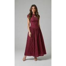 Klex Puantiyeli Damla Yaka Maxi Elbise 6114 Bordo - M