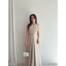 Klex Kemer Detaylı Pileli Maxi Elbise 5081 Bej - M
