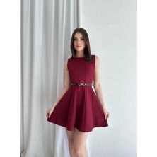 Klex Bisiklet Yaka Garnili Kemerli Kloş Mini Elbise 5040 Bordo - S