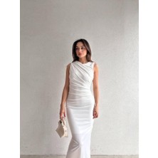 Klex Omuzdan Drapeli Maxi Elbise 5074 Beyaz - S