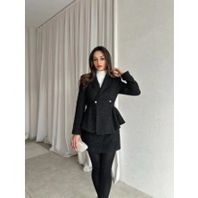 Klex Kruvaze Yaka Dokulu Ceket Etek Takım 6053 Siyah - M