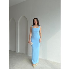 Klex Kare Yaka Drape Detaylı Kalem Elbise 5063 Mavi - S