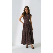 Klex Puantiyeli Damla Yaka Maxi Elbise 6114 Acı Kahve - M