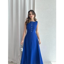 Klex Kayık Yaka Taşlı Fiyonk Detaylı Maxi Elbise 5055 Saks Mavisi - Xl