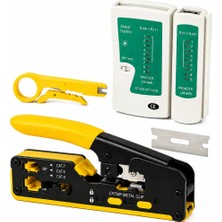 Profesyonel RJ45 Sıkma Pensesi - Cat5, Cat6, Cat7 Uyumlu + Test Cihazı + Mini Kablo Sıyırıcı + Yedek Bıçağı