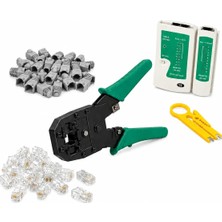 Set - RJ45 RJ11 Pense + Kablo Test Cihazı + Mini Soyucu + 50 Adet Konnektör + 50 Adet Koruyucu Boot