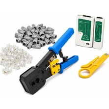 Set - RJ45 RJ11 Mavi Uzun Pense + Kablo Test Cihazı + Mini Soyucu + 50 Adet Konnektör + 50 Adet Koruyucu Boot