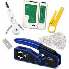 Ağ Kurulum Seti RJ45 Kablo Sıkma Pensesi + Kablo Test Cihazı + Krone Çakma Aleti + Mini Kablo Soyucu + 100 Adet RJ45 Konnektör + Yedek Bıçağı - Cat5 Cat6 Cat7 Uyumlu