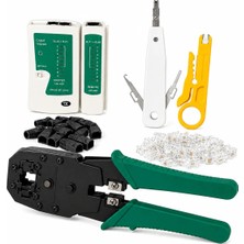 Set - RJ45 RJ11 Pense + Kablo Test Cihazı + Mini Soyucu + Krone Aleti + 100 Adet Konnektör + 100 Adet Koruyucu Siyah Boot